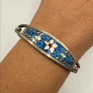 Vintage Alpaca Mexico Silver Blue Mother of Pearl Abalone Floral Bangle Bracelet